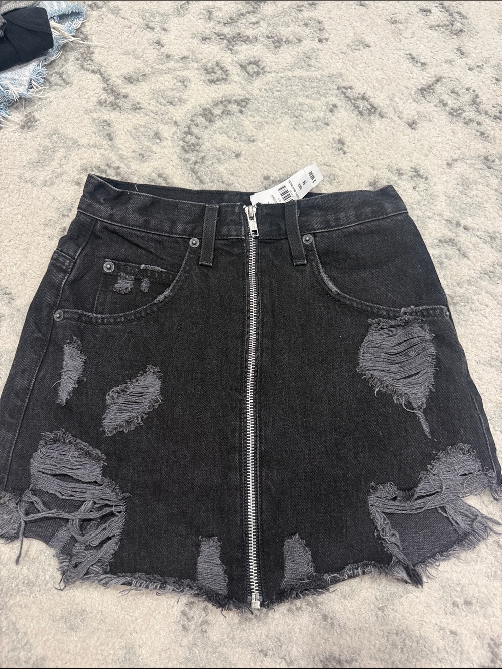 Black Distressed Zip-Front Mini Skirt